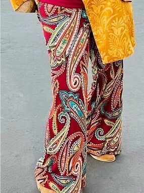 Vibrant Red Paisley Wide-Leg Palazzo Pants
